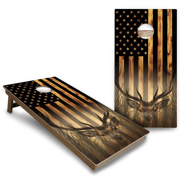Hidden Deer & Fish Burnt Flag Cornhole Boards - Backyard Series