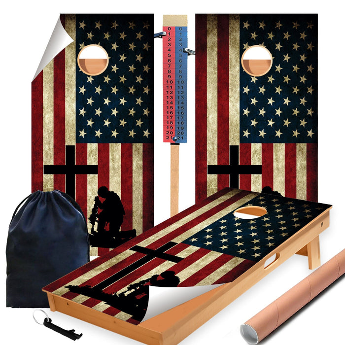 Soldier Cross Flag Cornhole Boards Wraps (Set of 2)