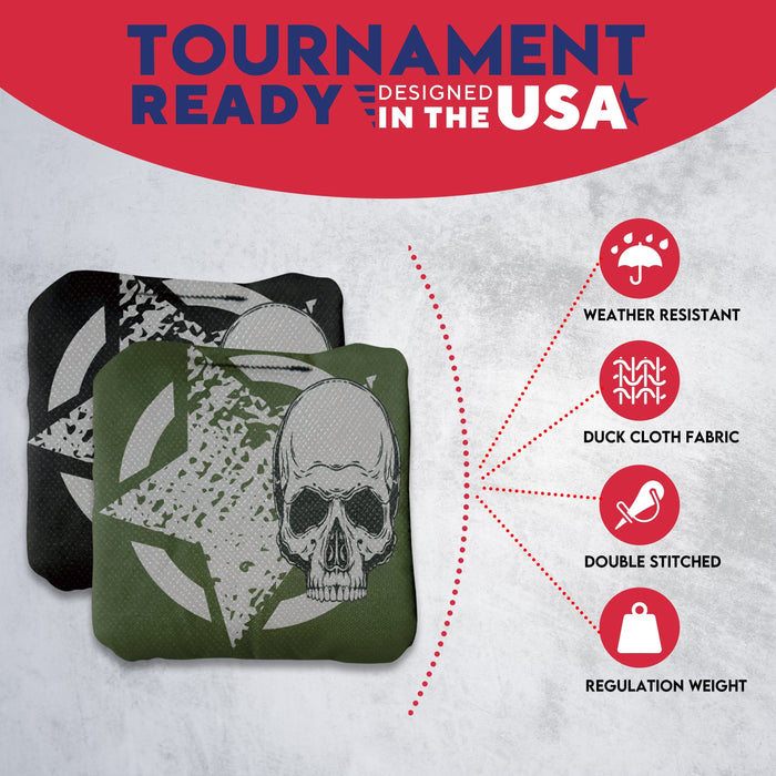 Tournament Black Green Star Skull Cornhole Bags - Set of 8
