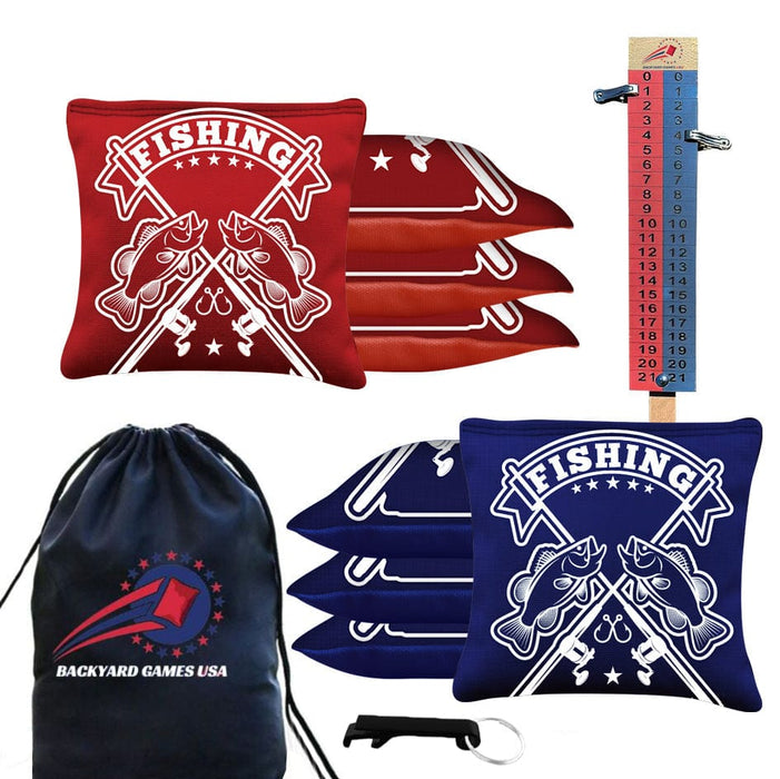 Tournament Red Blue Fish Logo Cornhole Bags - Set of 8