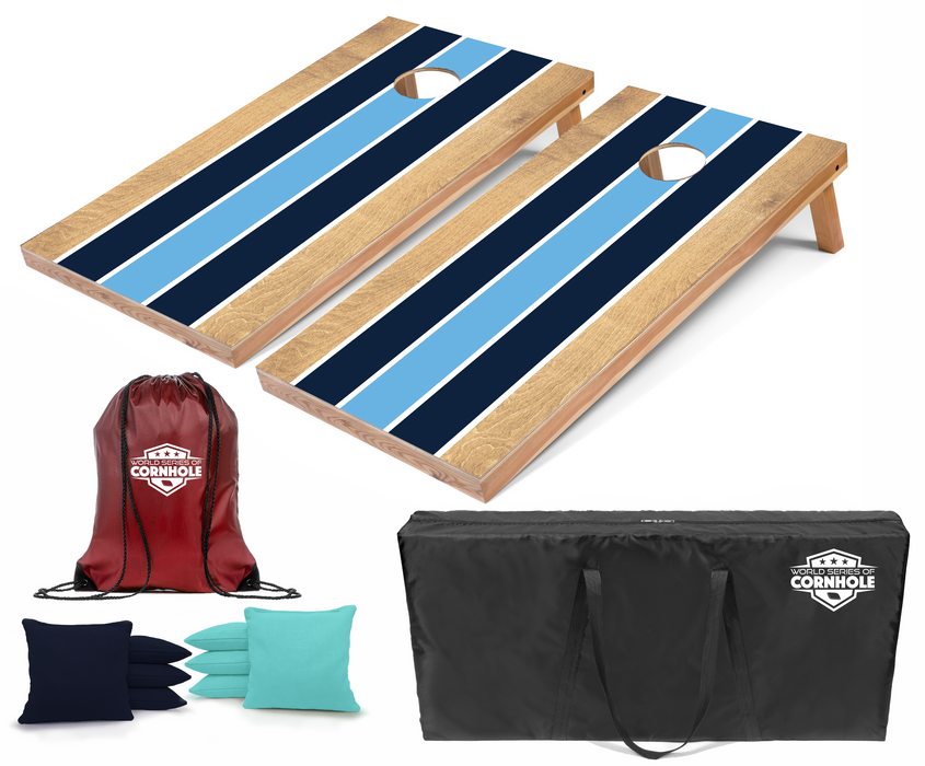 World Series of Cornhole Recreational Cornhole Set - Navy and Baby Blue Stripes Boards with Navy and Turquoise Bags