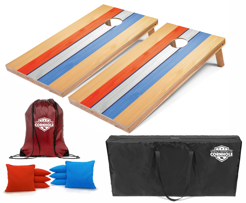 World Series of Cornhole Recreational Cornhole Set - Retro USA Striped Boards with Orange and Baby Blue Bags