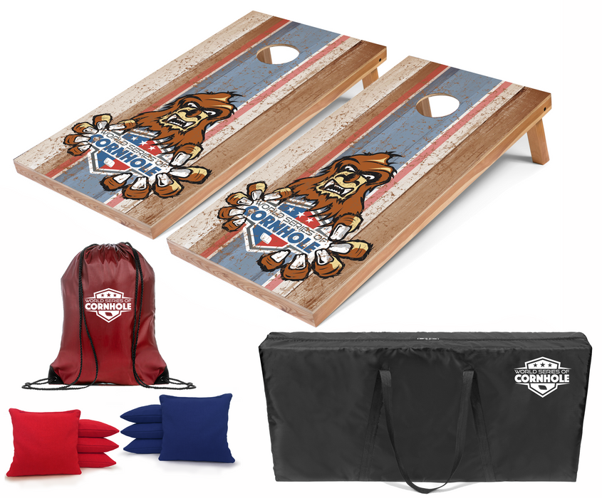 World Series of Cornhole Recreational Cornhole Set - Animated Sasquatch Boards with Red and Royal Blue Bags