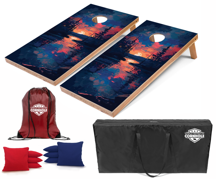 World Series of Cornhole Recreational Cornhole Set - Acadia National Park Nighttime Boards with Red and Royal Blue Bags