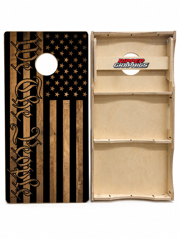 We The People Rustic American Flag Cornhole Design
