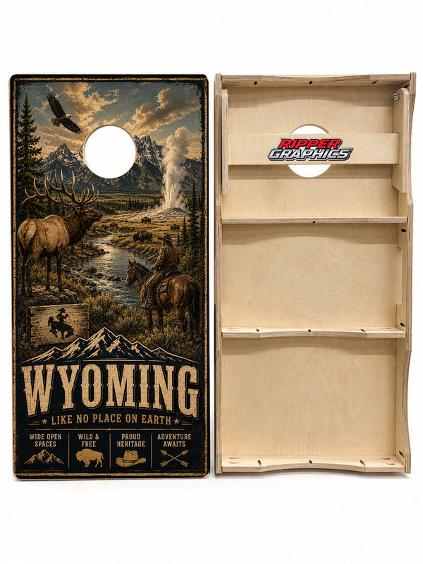 Wyoming Like No Place on Earth Cornhole Design