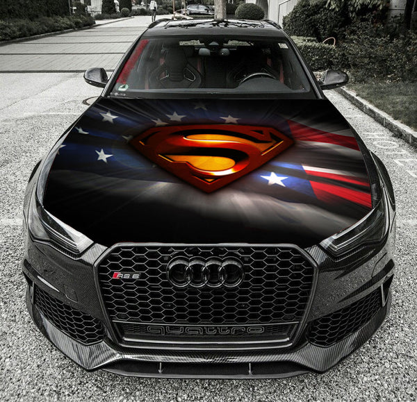 Super Man American Flag Hood Wrap Vinyl Graphic Decal Sticker Wrap Car or Truck