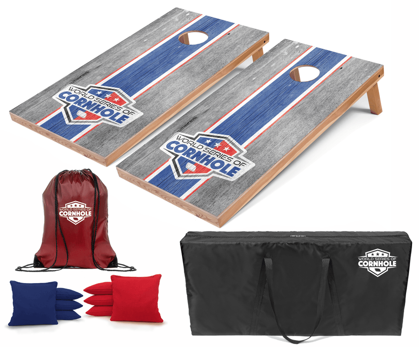 Recreational Cornhole Set World Series of Cornhole Recreational Cornhole Set - WSOC Gray and Blue Stripes Boards with Red and Blue Bags