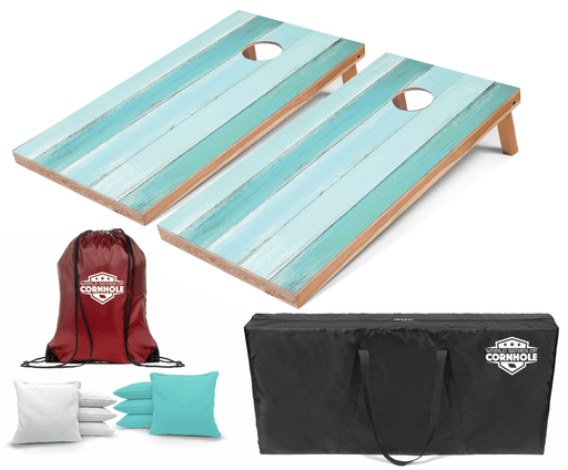Recreational Cornhole Set World Series of Cornhole Recreational Cornhole Set - Coastal Wood Plank Boards with White and Turquoise Bags