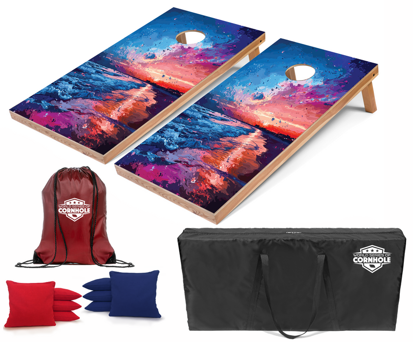 World Series of Cornhole Recreational Cornhole Set - Gulf Shores National Park Nighttime Boards with Red and Royal Blue Bags