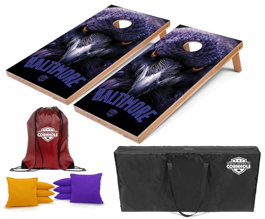 World Series of Cornhole Recreational Cornhole Set - Baltimore Ravens Boards with Yellow and Royal Purple Bags