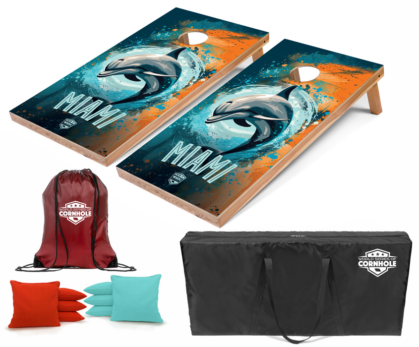 World Series of Cornhole Recreational Cornhole Set - Miami Dolphins Boards with Orange and Aqua Bags