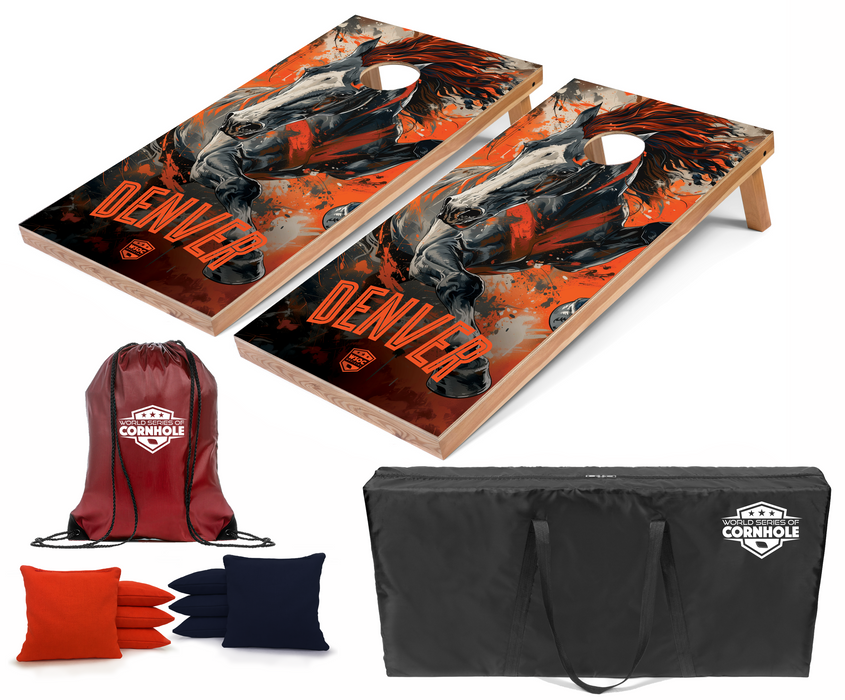 World Series of Cornhole Recreational Cornhole Set - Denver Broncos Boards with Orange and Navy Blue Bags