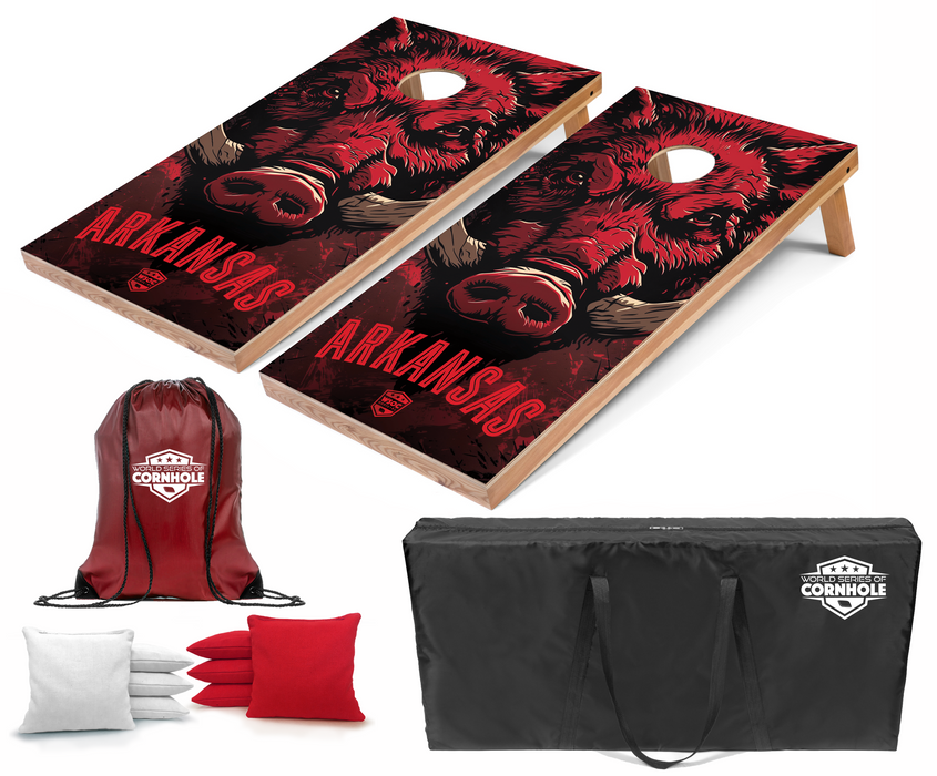 World Series of Cornhole Recreational Cornhole Set - Arkansas Razorbacks Boards with Red and White Bags
