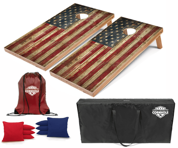 Recreational Cornhole Set World Series of Cornhole Recreational Cornhole Set - Rustic Left-Facing American Flag Boards with Red and Blue Bags