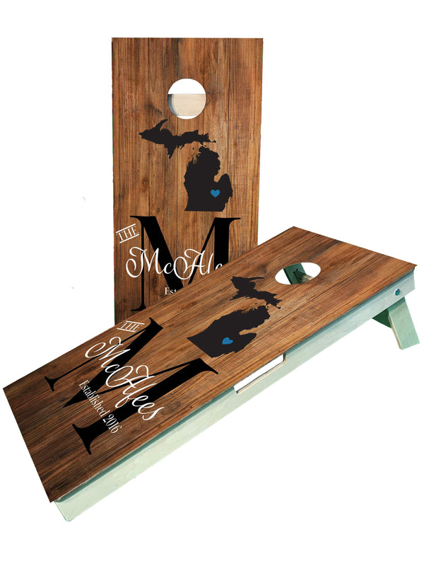 cornhole boards Custom Monogram Michigan Family Last Name/Est Cornhole Boards