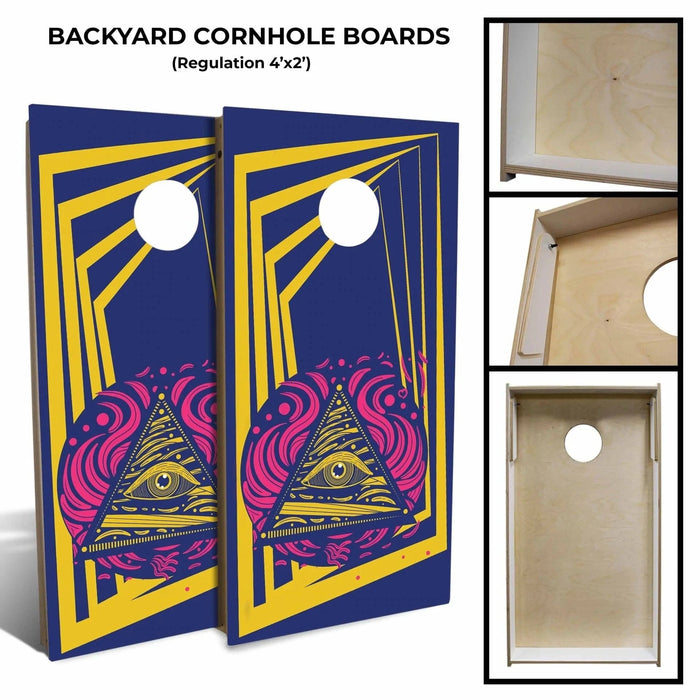 Brand New 70s All Seeing Eye 2x4 Backyard Regulation Cornhole Set (includes 8 bags)
