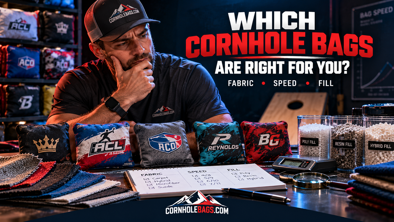 Man thoughtfully comparing cornhole bag fabrics, speed ratings, and fill materials in a dramatic studio setting.