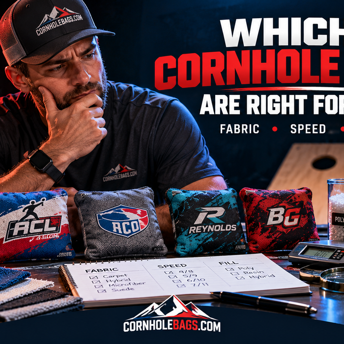 Man thoughtfully comparing cornhole bag fabrics, speed ratings, and fill materials in a dramatic studio setting.