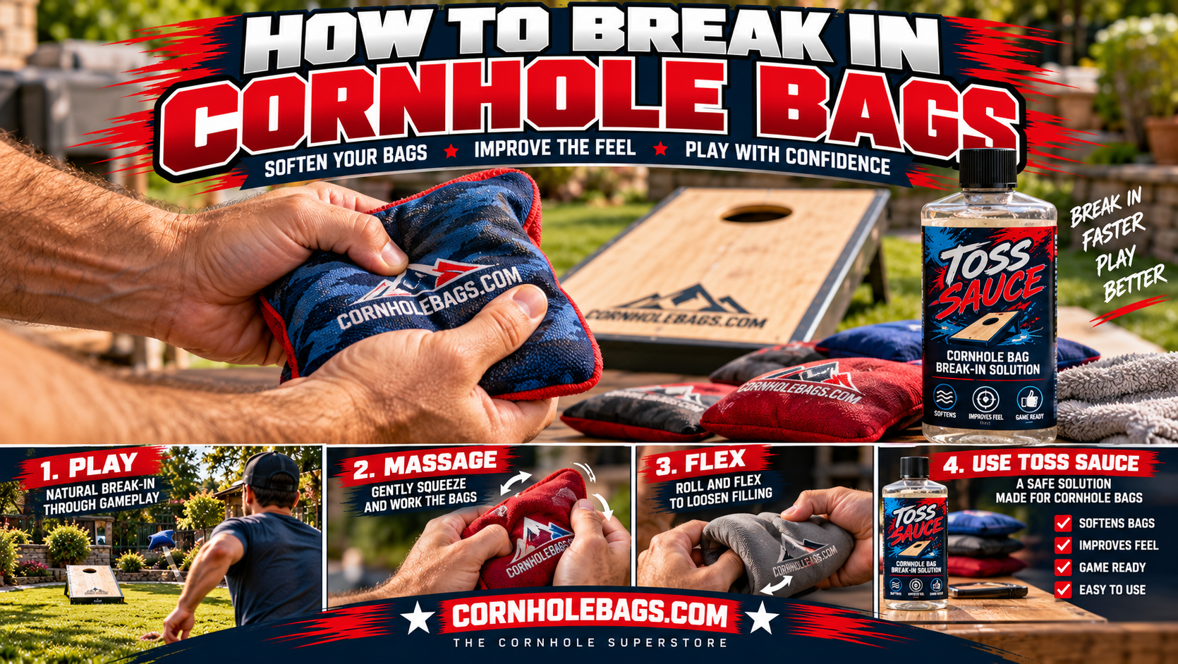 Player gently squeezing and flexing new cornhole bags beside a regulation board to demonstrate safe bag break-in techniques.