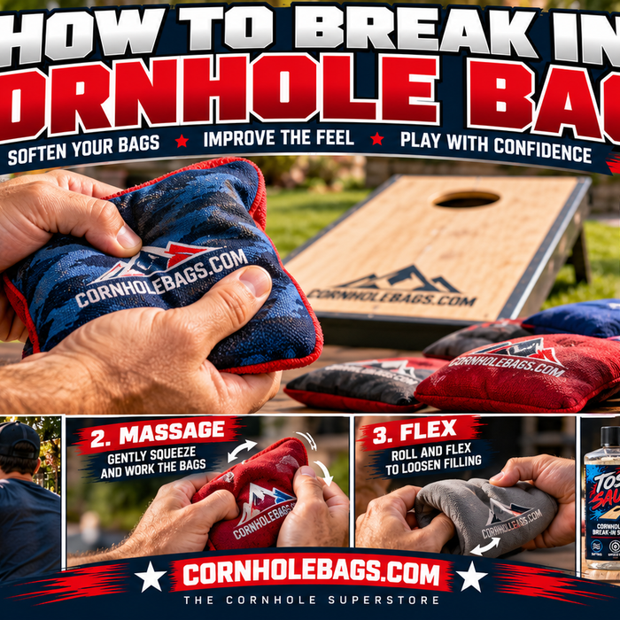 Player gently squeezing and flexing new cornhole bags beside a regulation board to demonstrate safe bag break-in techniques.