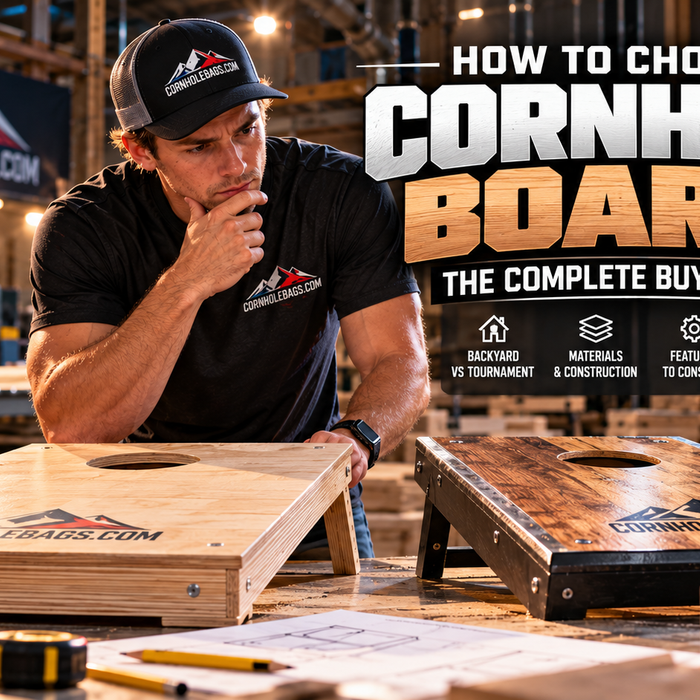 Man contemplating which type of cornhole boards to purchase based on materials, size, and build quality