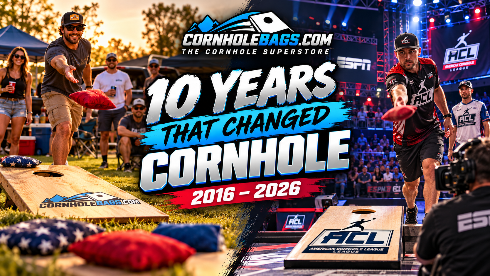 cornhole player in the backyard 10 years ago and acl pro playing now