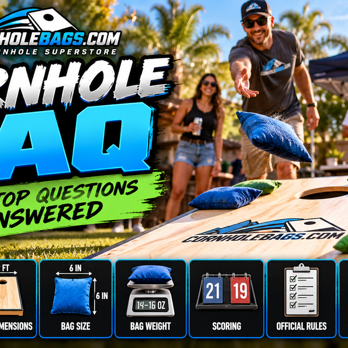 Cornhole Frequently Asked Questions banner with guy throwing bags