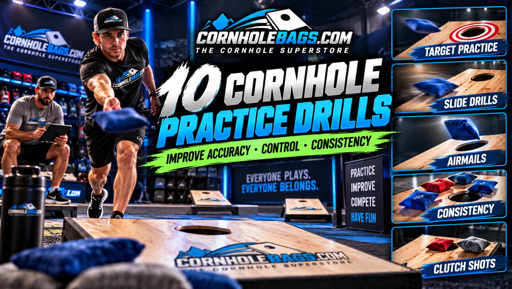 Competitive cornhole player practicing accuracy and throwing techniques on a regulation board inside a professional training facility.