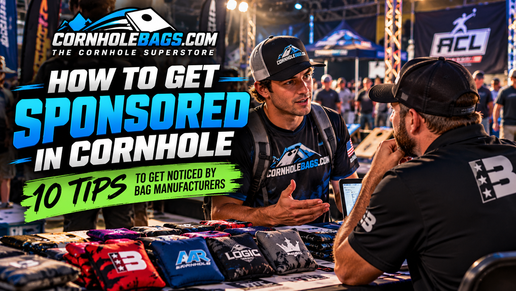 Cornhole player discussing sponsorship opportunities with a bag manufacturer at a competitive tournament, surrounded by professional cornhole bags.