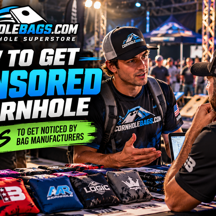 Cornhole player discussing sponsorship opportunities with a bag manufacturer at a competitive tournament, surrounded by professional cornhole bags.