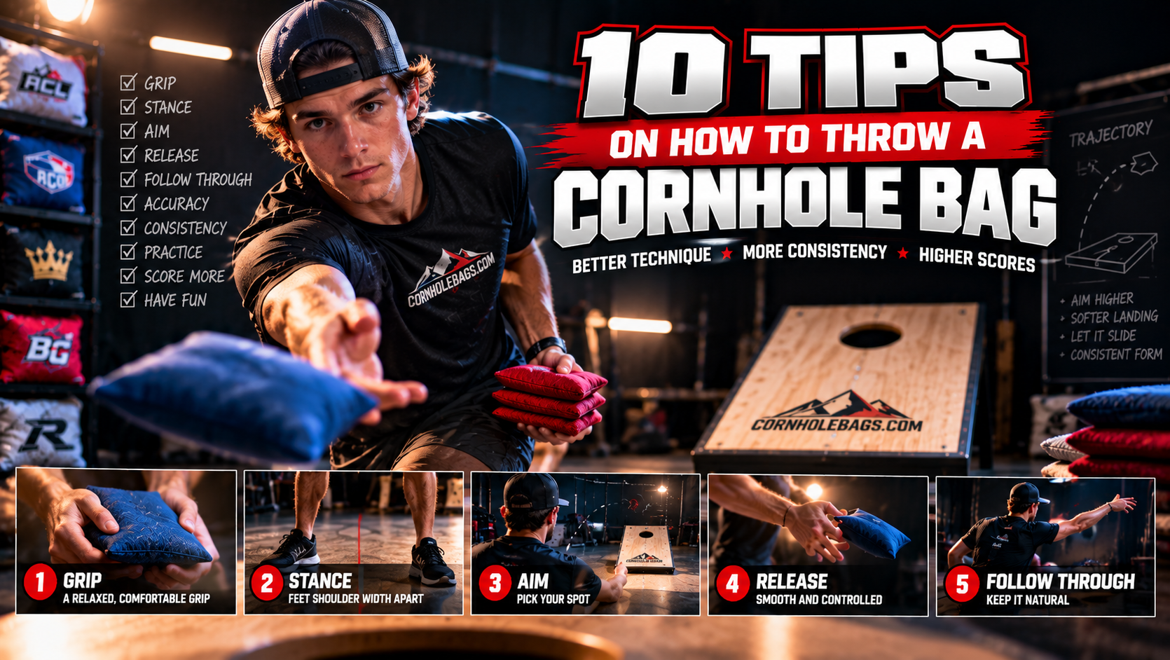 Young cornhole player demonstrating proper bag throwing technique, grip, stance, aim, release, and follow-through in a dramatic studio setting.