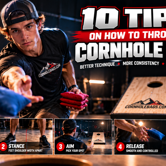 Young cornhole player demonstrating proper bag throwing technique, grip, stance, aim, release, and follow-through in a dramatic studio setting.