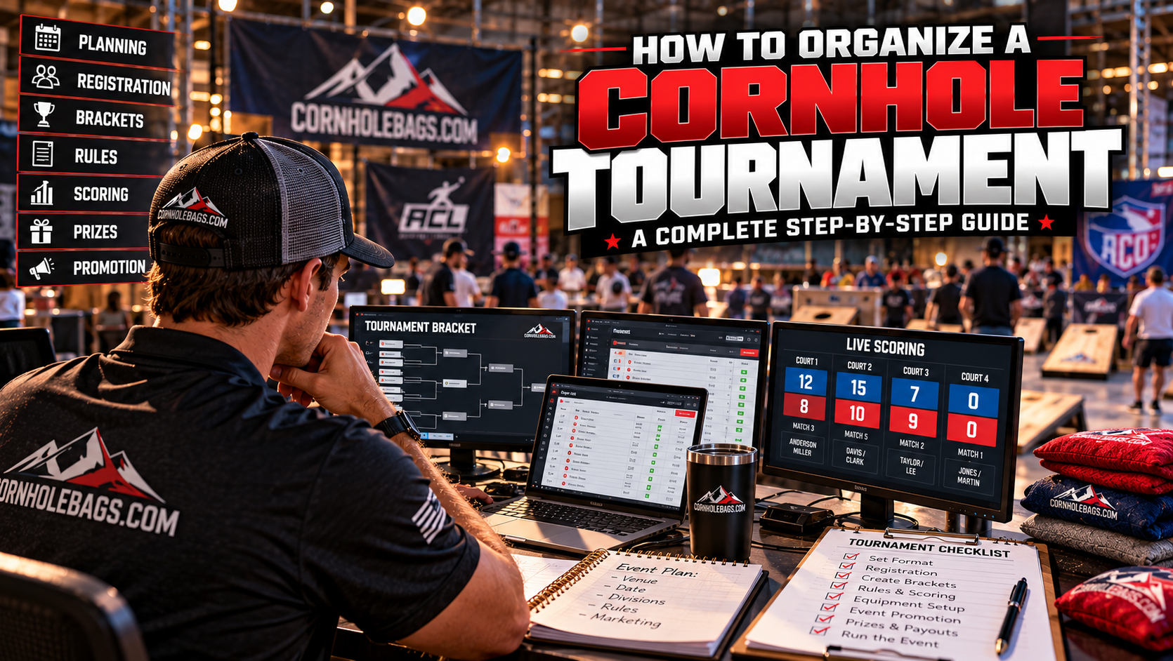 Cornhole tournament director managing player registrations, tournament brackets, and live scoring on multiple monitors at a competitive cornhole event.