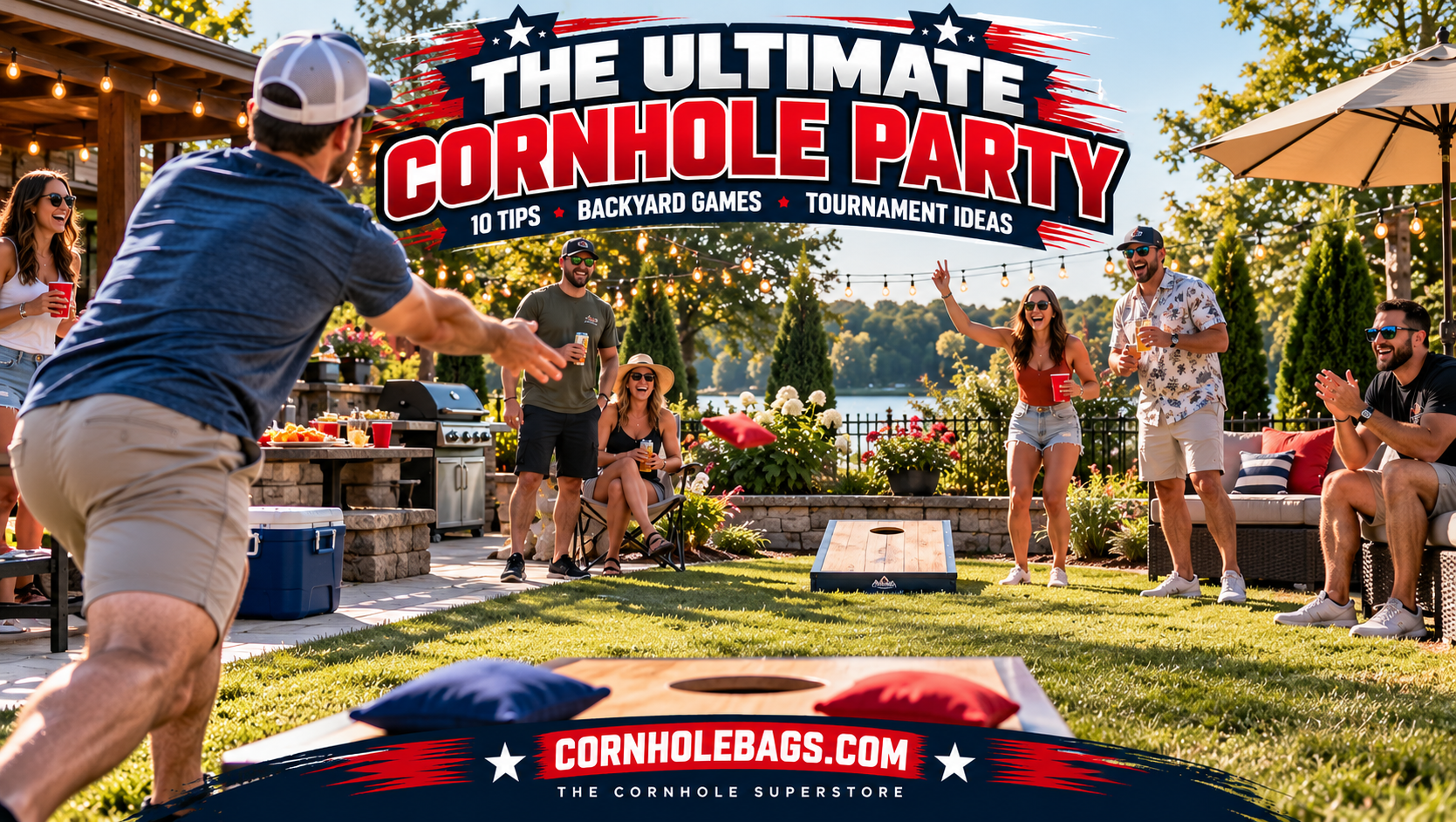 Friends enjoying a backyard cornhole party with regulation boards, colorful bags, BBQ, and friendly competition.