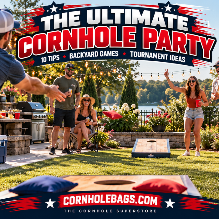 Friends enjoying a backyard cornhole party with regulation boards, colorful bags, BBQ, and friendly competition.