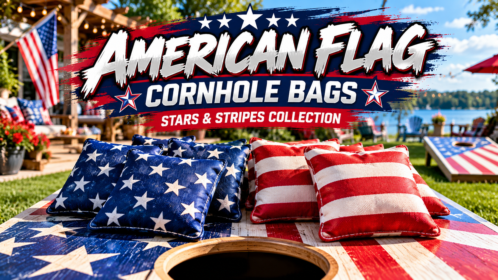 American flag cornhole bags featuring red, white and blue Stars and Stripes designs on backyard cornhole boards.