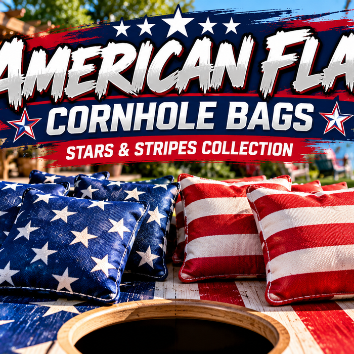American flag cornhole bags featuring red, white and blue Stars and Stripes designs on backyard cornhole boards.