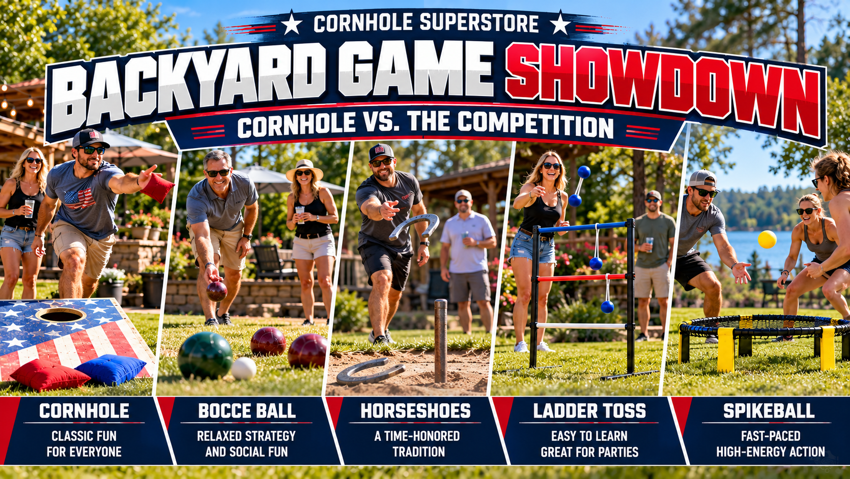 Comparison of five popular backyard games including cornhole, bocce ball, horseshoes, ladder toss, and Spikeball at an outdoor gathering.