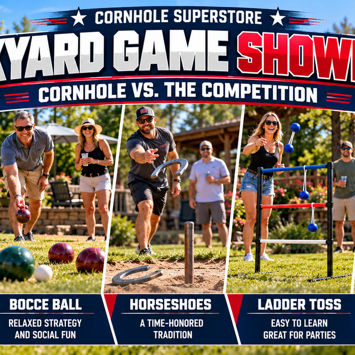 Comparison of five popular backyard games including cornhole, bocce ball, horseshoes, ladder toss, and Spikeball at an outdoor gathering.