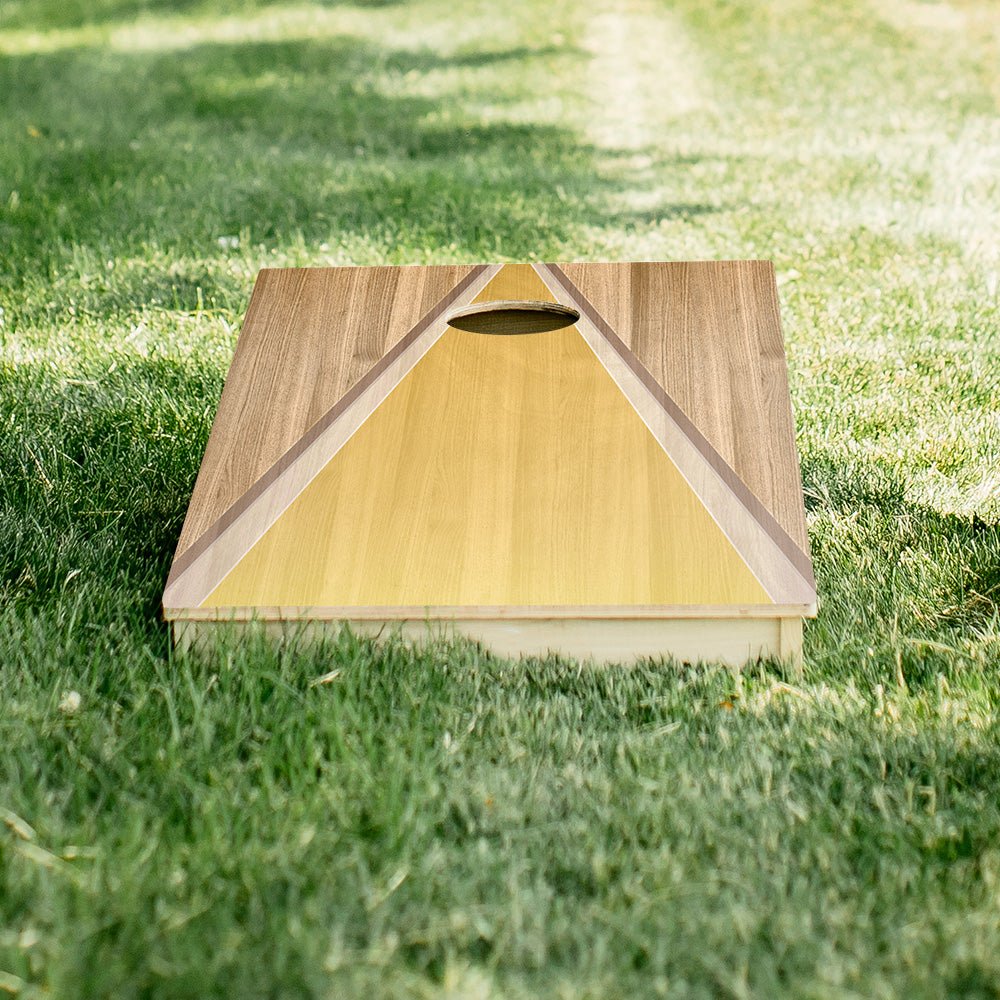 DIY regulation-size cornhole board with labeled frame, hole and folding-leg measurements
