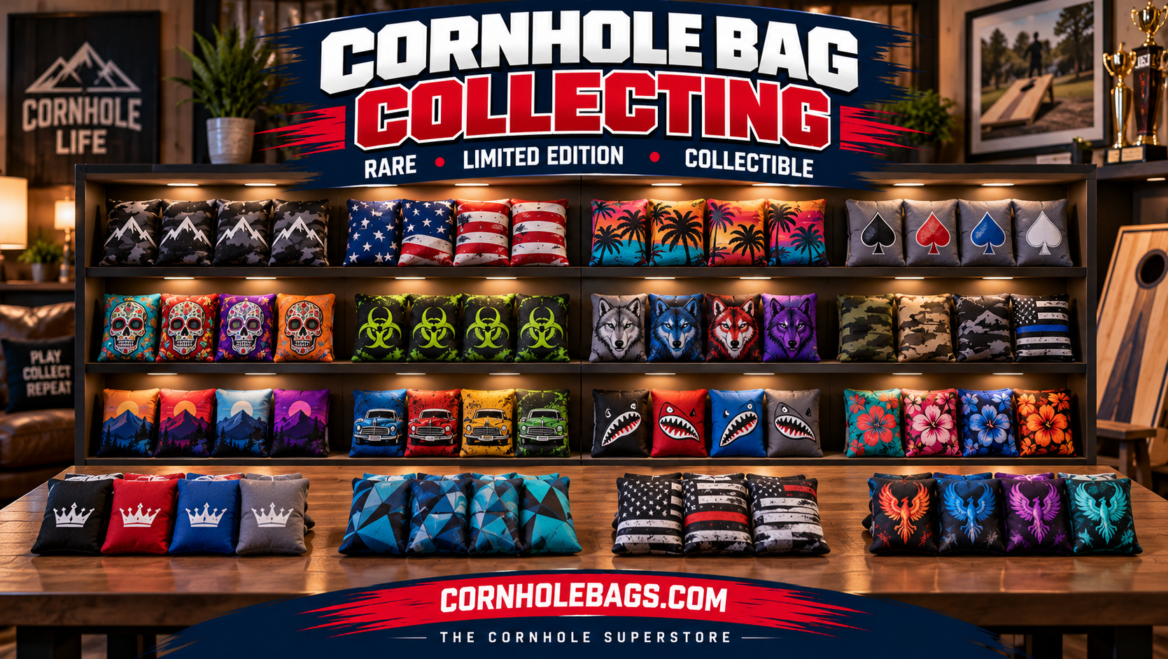 Colorful collection of cornhole bags with individual designs displayed in sets of four, featuring rare and limited-edition styles at CornholeBags.com