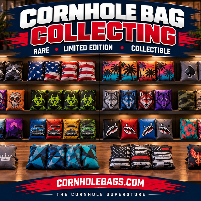 Colorful collection of cornhole bags with individual designs displayed in sets of four, featuring rare and limited-edition styles at CornholeBags.com