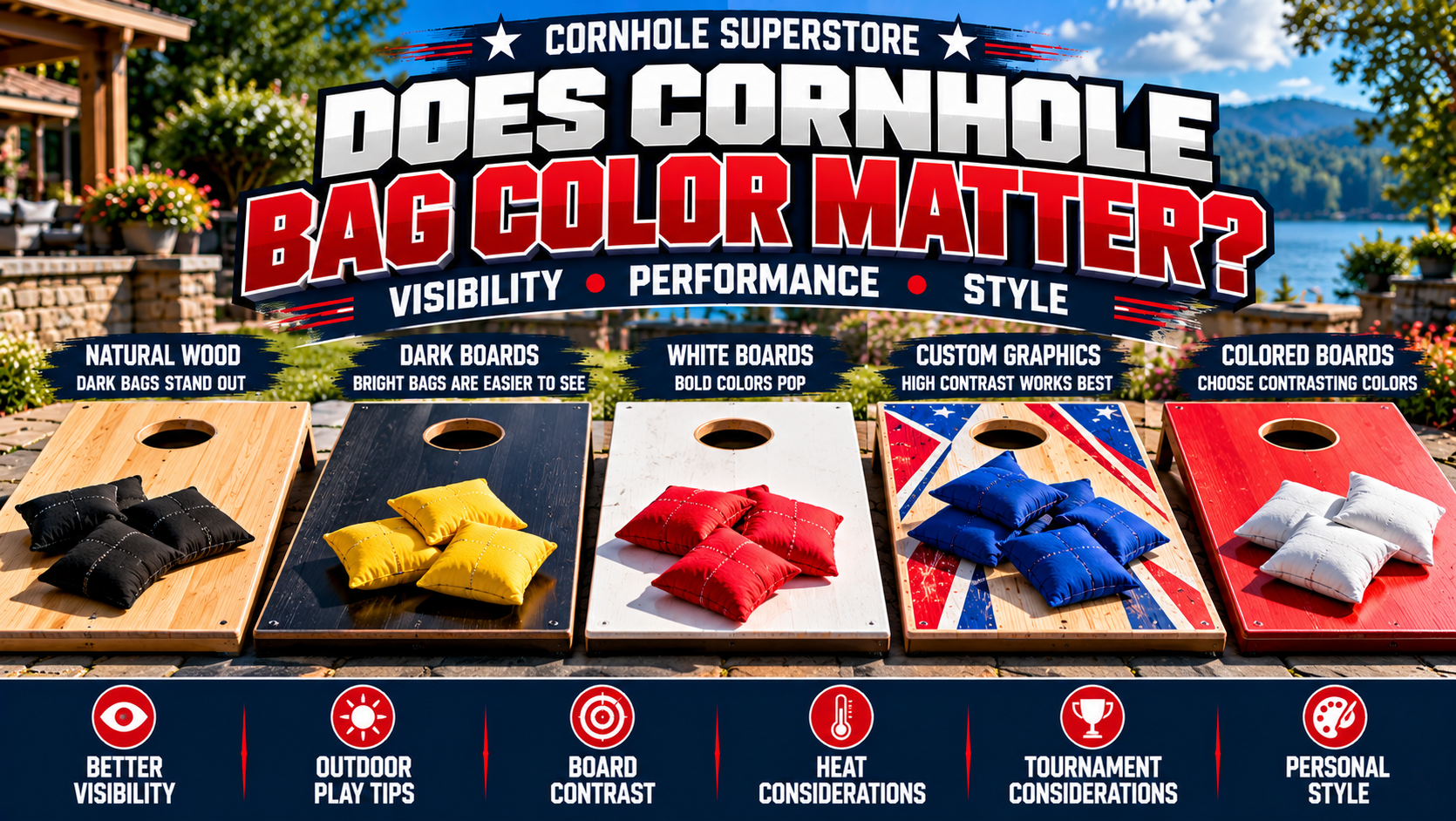 Five cornhole boards with contrasting colored bags demonstrating how bag color affects visibility and style