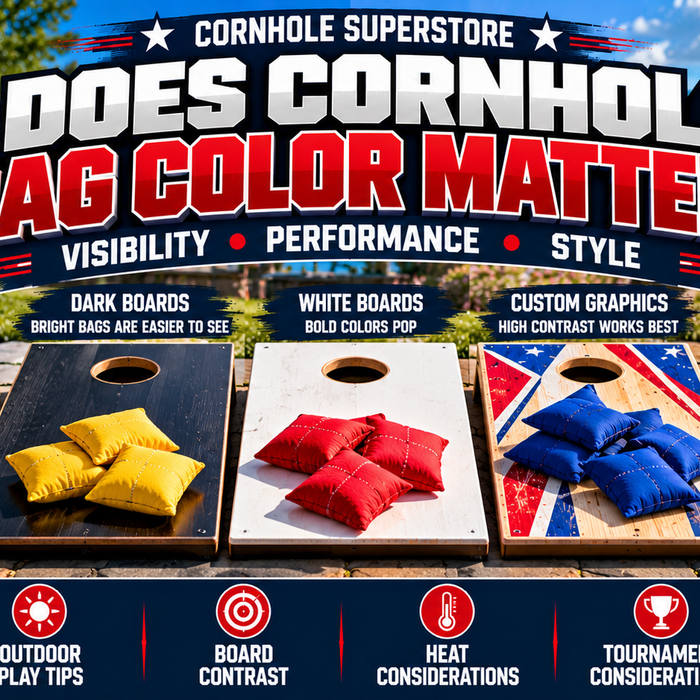 Five cornhole boards with contrasting colored bags demonstrating how bag color affects visibility and style