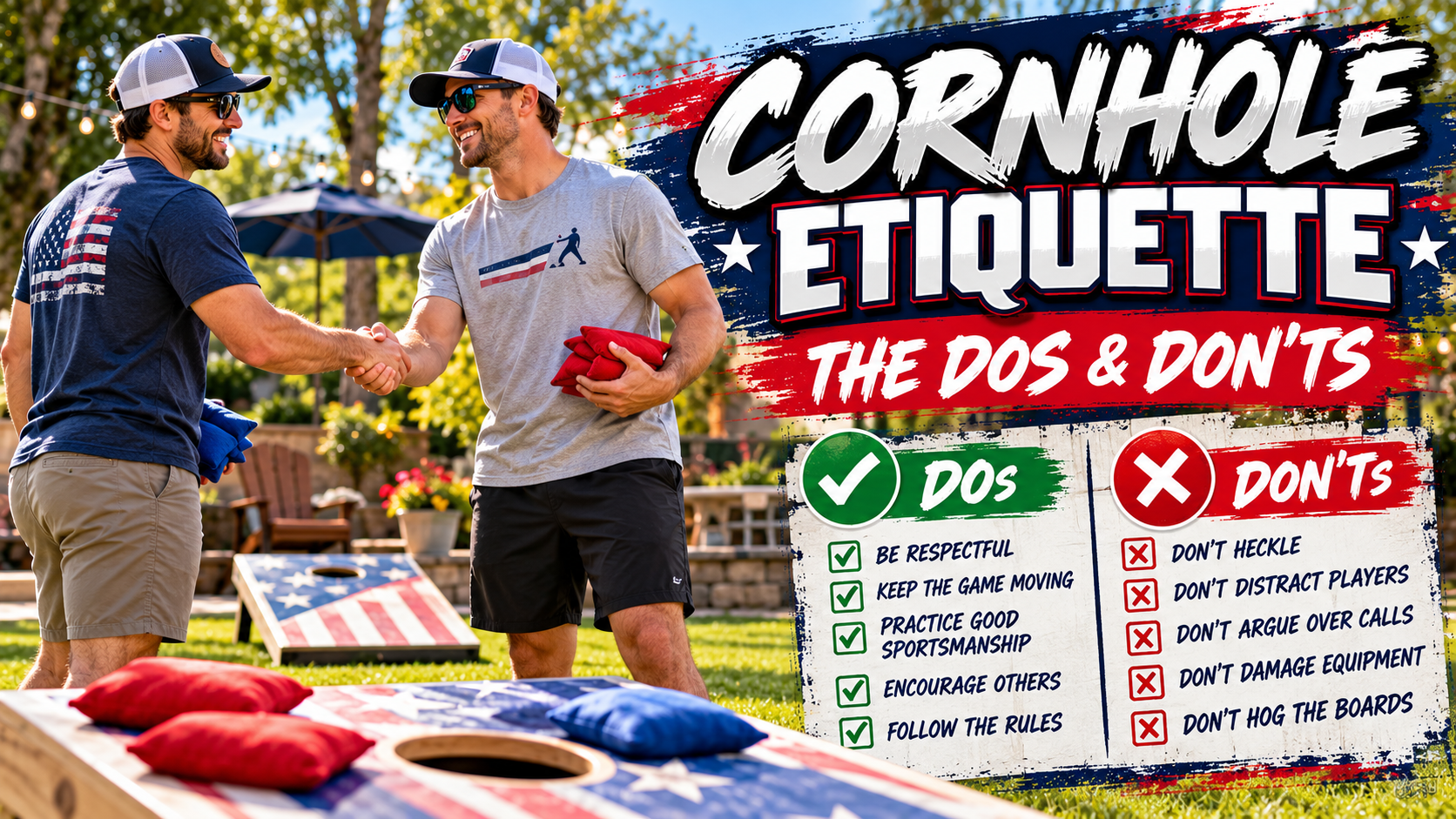 Two cornhole players showing good sportsmanship with a friendly handshake beside cornhole boards during a backyard game.