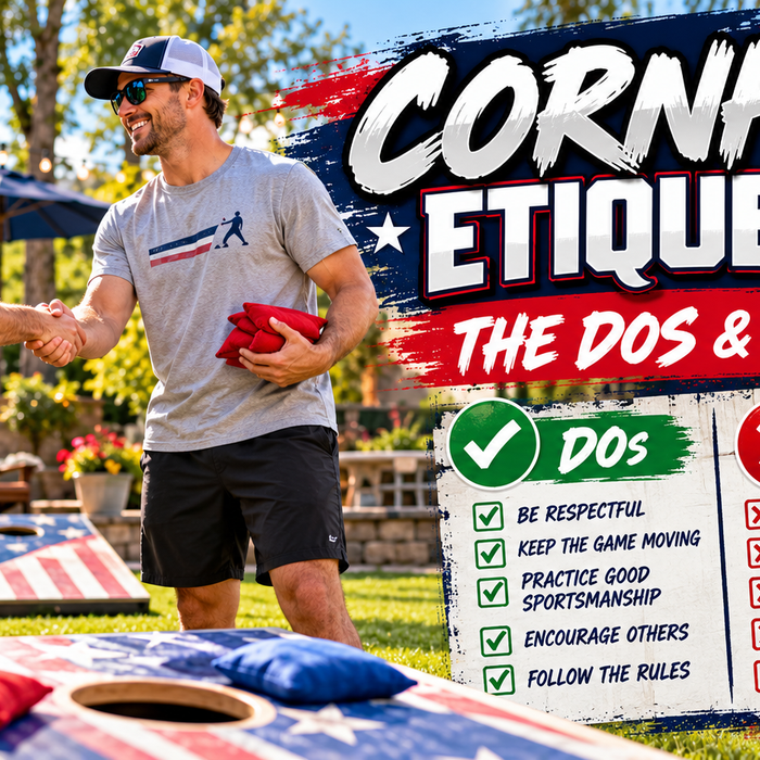 Two cornhole players showing good sportsmanship with a friendly handshake beside cornhole boards during a backyard game.