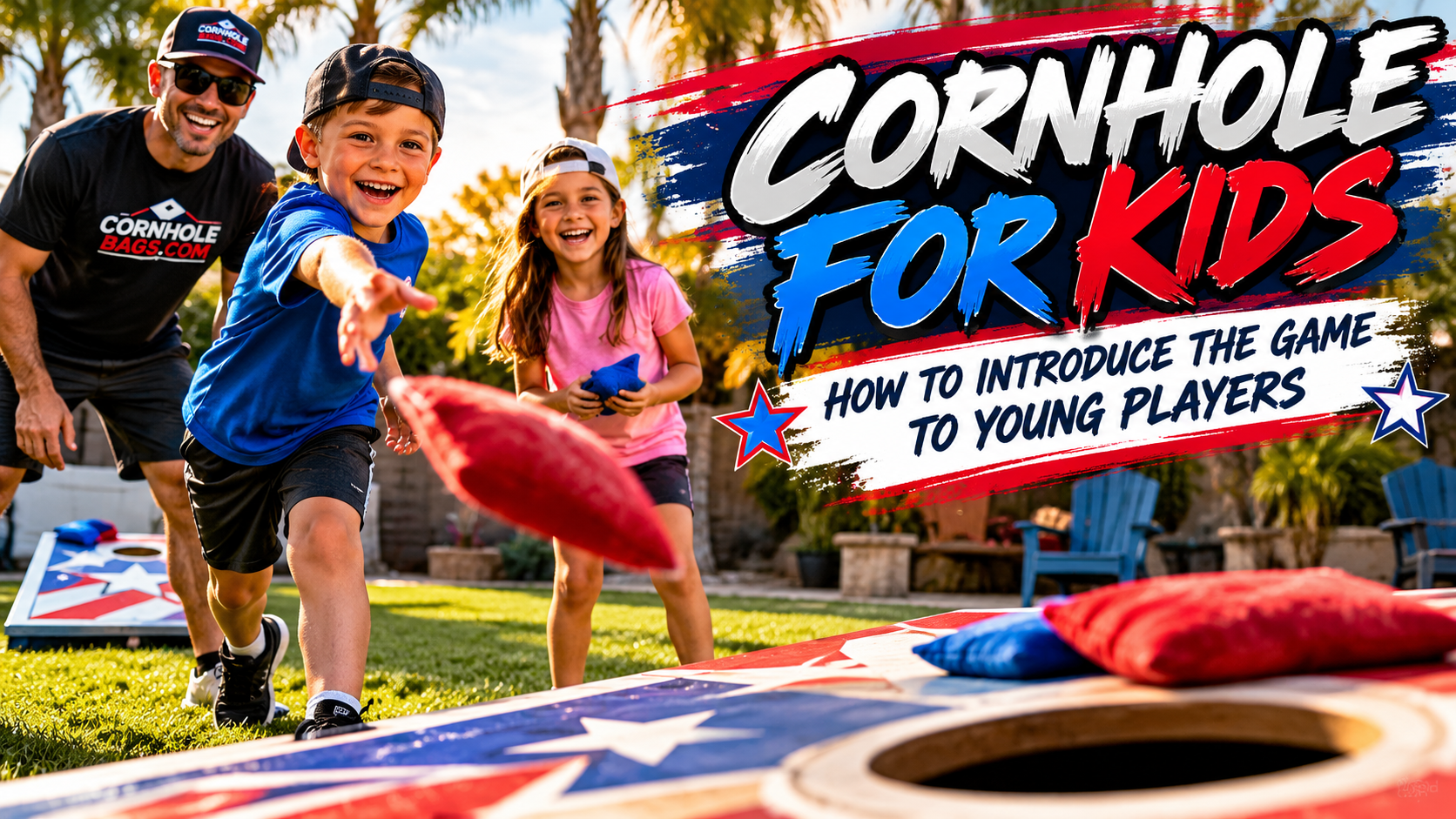Kids learning how to play cornhole in the backyard with an adult, colorful cornhole boards, and red and blue bags.