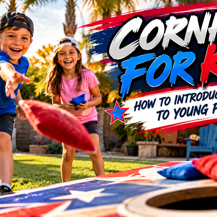 Kids learning how to play cornhole in the backyard with an adult, colorful cornhole boards, and red and blue bags.