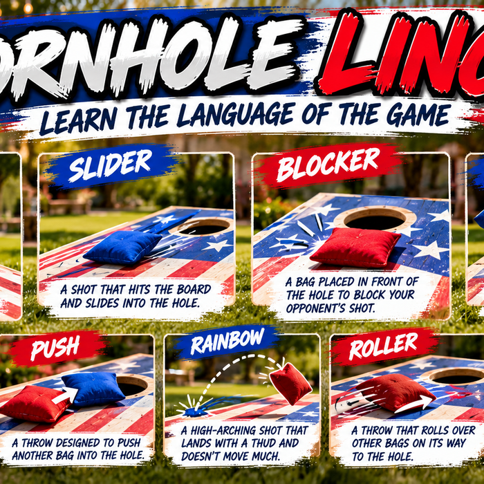 Cornhole terminology guide illustrating popular cornhole shots and slang including airmail, slider, blocker, and four-bagger.